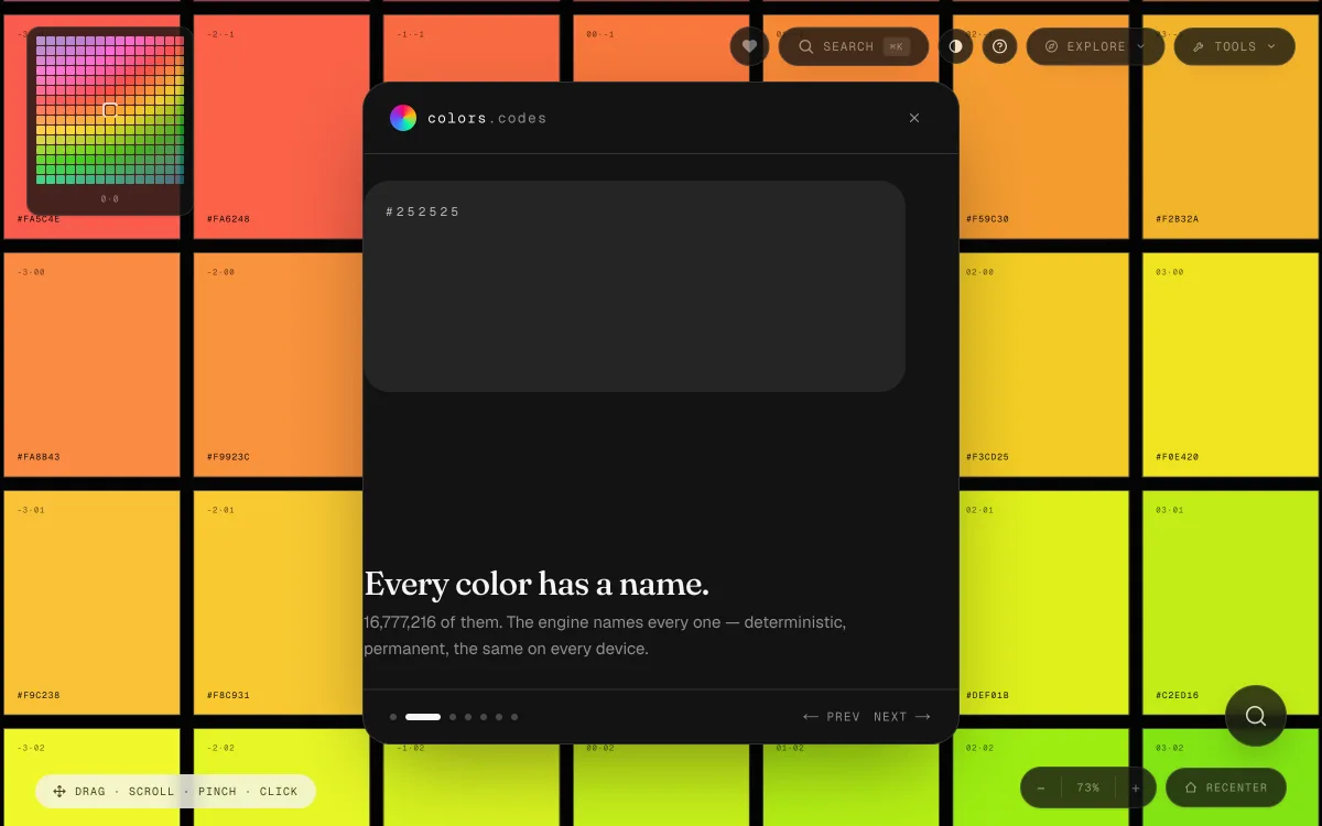The infinite colors.codes canvas mid-pan, showing a field of orange, yellow, and green swatches with hex labels and the minimap in the corner.