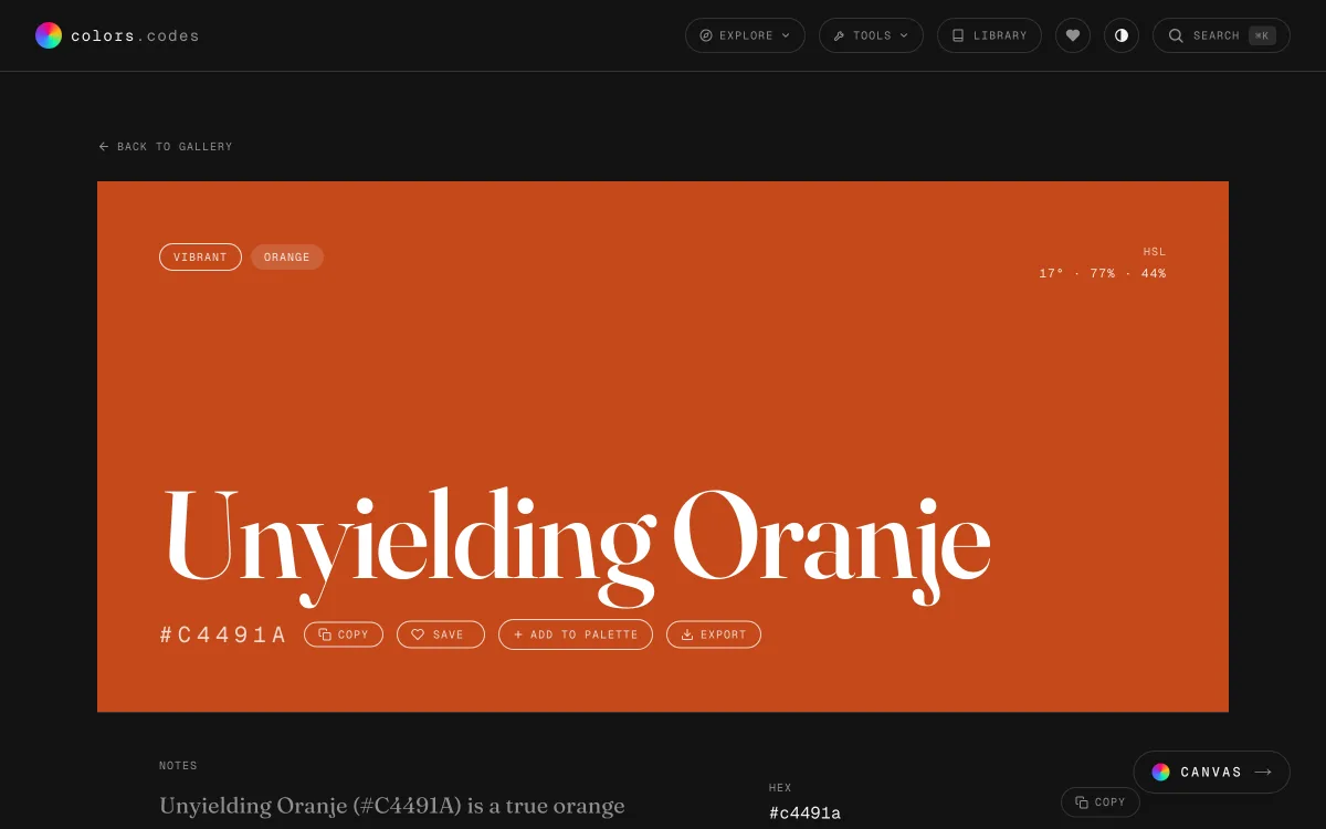 The permanent page for #C4491A, named Unyielding Oranje, set full-bleed in the color itself with vibrant and orange chips, HSL values, and copy, save, palette, and export actions.