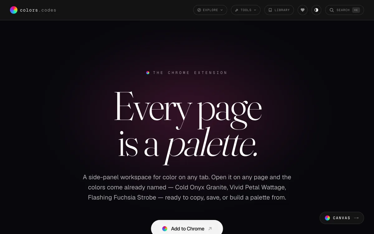 The colors.codes extension page: Every page is a palette, describing the Chrome side-panel workspace where picked colors arrive already named.