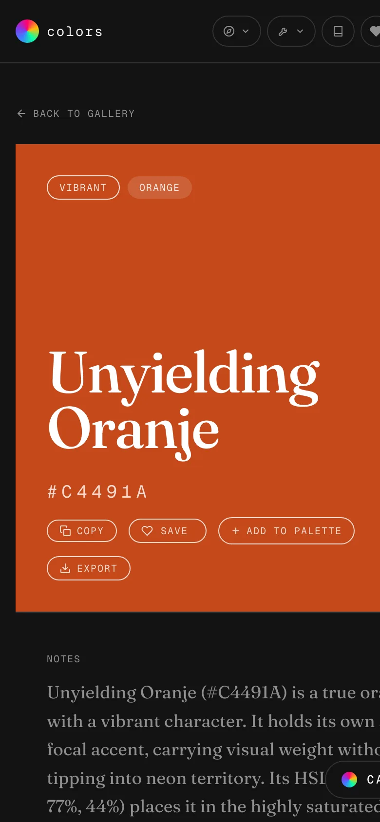 The Unyielding Oranje color page on a phone.