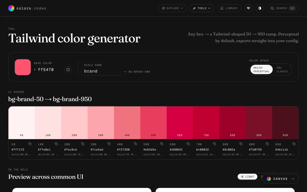 The Tailwind color generator building an eleven-shade bg-brand-50 to bg-brand-950 ramp from #ff5470, with OKLCH values per shade and a perceptual color-space toggle.