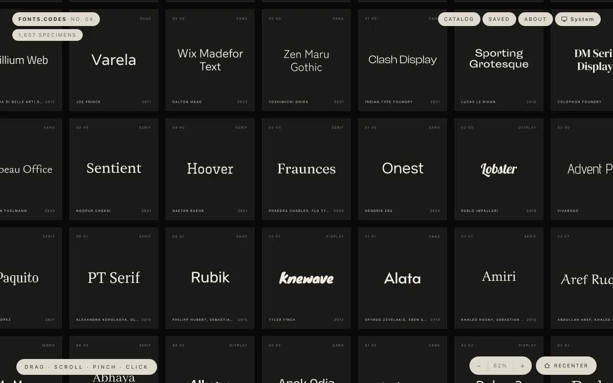 The infinite fonts.codes canvas showing a wall of dark specimen cards, from PT Serif and Rubik to Knewave and Amiri.