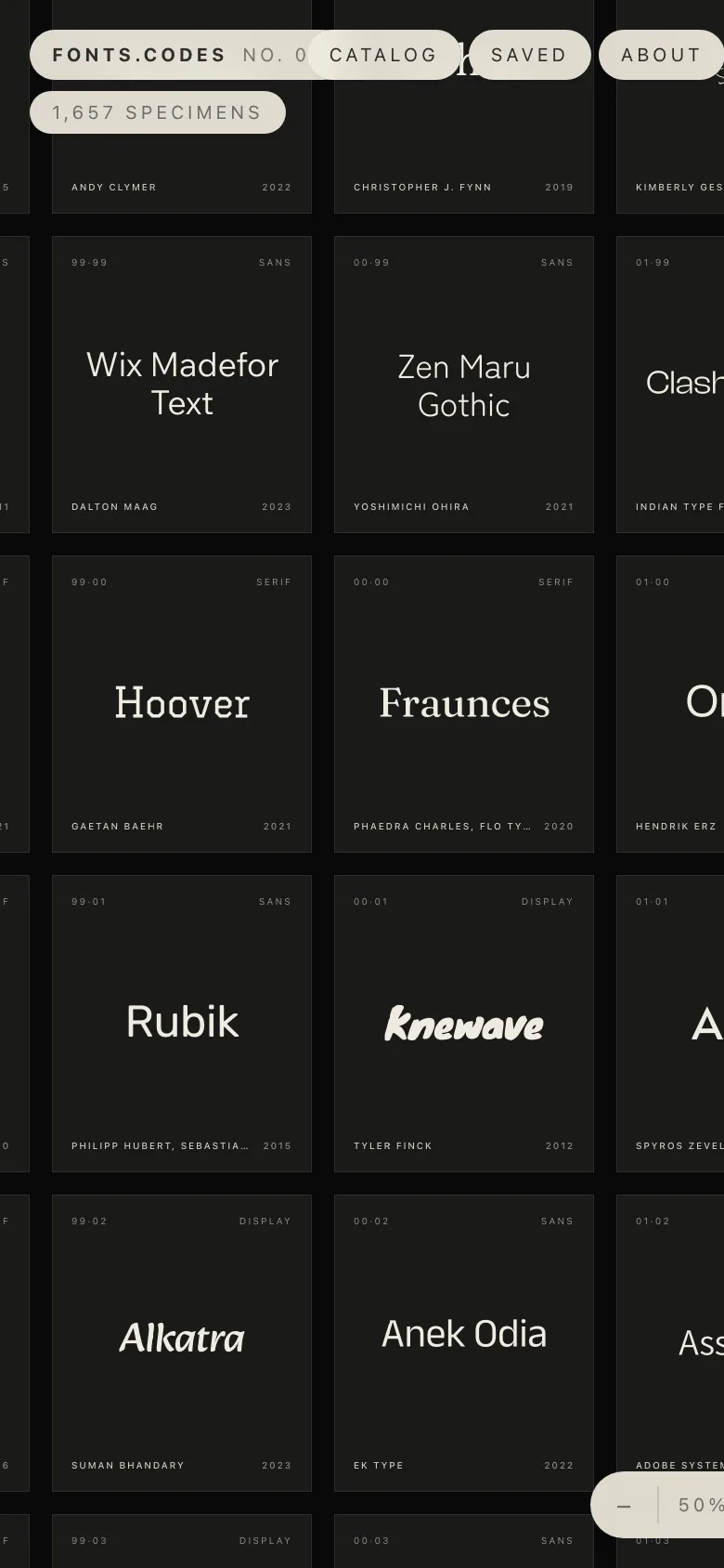 The fonts.codes specimen canvas on a phone.