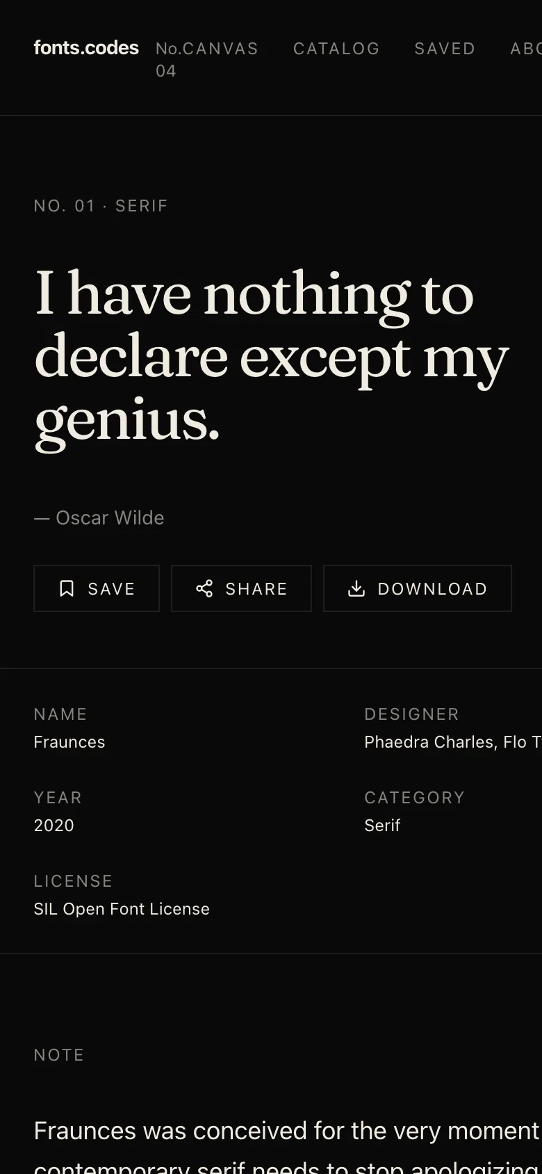 The Fraunces specimen page on a phone.