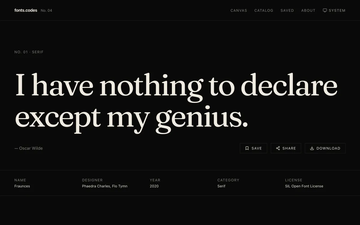 The Fraunces specimen page on fonts.codes: I have nothing to declare except my genius, set full-bleed in Fraunces, above its designer, year, category, and license record.