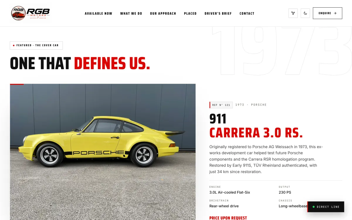 The featured cover car section on the RGB Motors home page: One That Defines Us in condensed ink-and-red display type beside a yellow 1973 Porsche 911 Carrera 3.0 RS and its dossier specs.