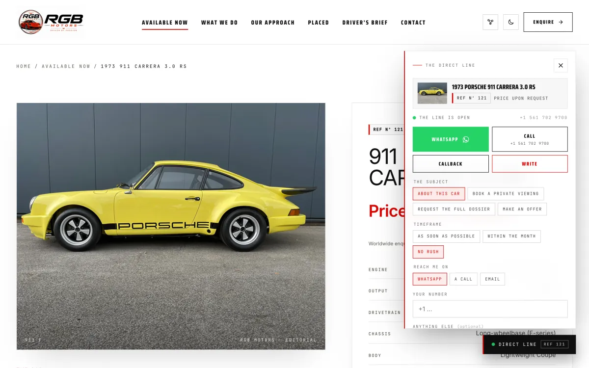 The Direct Line enquiry sheet open over the 911 Carrera 3.0 RS dossier, showing the vehicle card with REF 121 and options to write, call, or send a WhatsApp message.