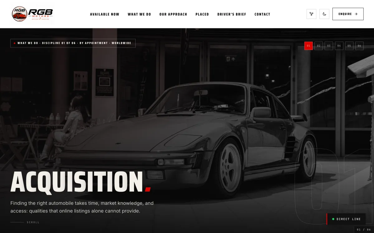 The Acquisition expertise page masthead filling the exact viewport: discipline pagination 01 to 06 over a monochrome Porsche 911 photograph.