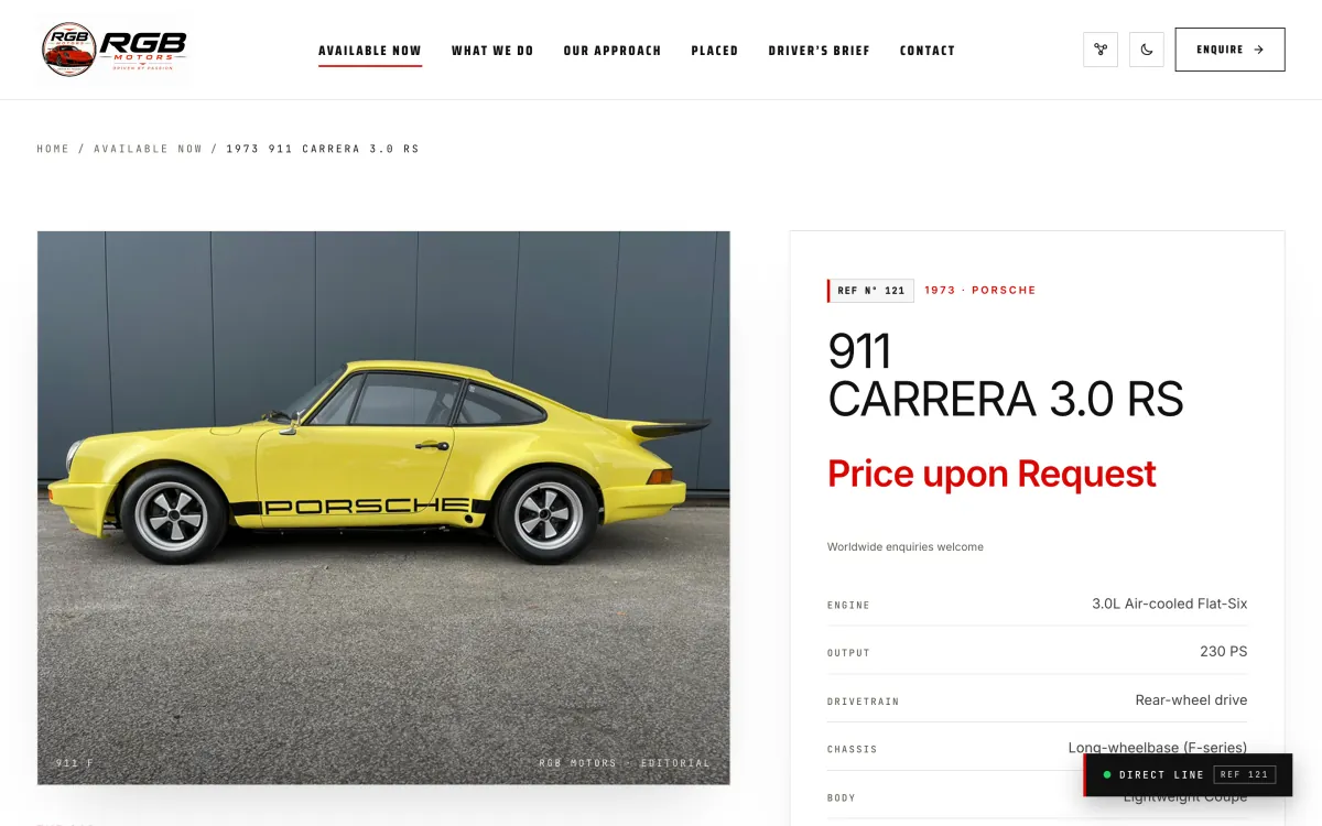 The 1973 Porsche 911 Carrera 3.0 RS dossier page on rgbmotors.com, with REF number chip, mono spec table and Price upon Request.