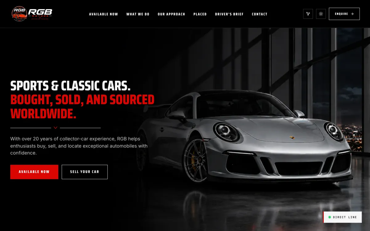 The same rgbmotors.com home hero in the dark theme, with the photography swapped for a night scene.
