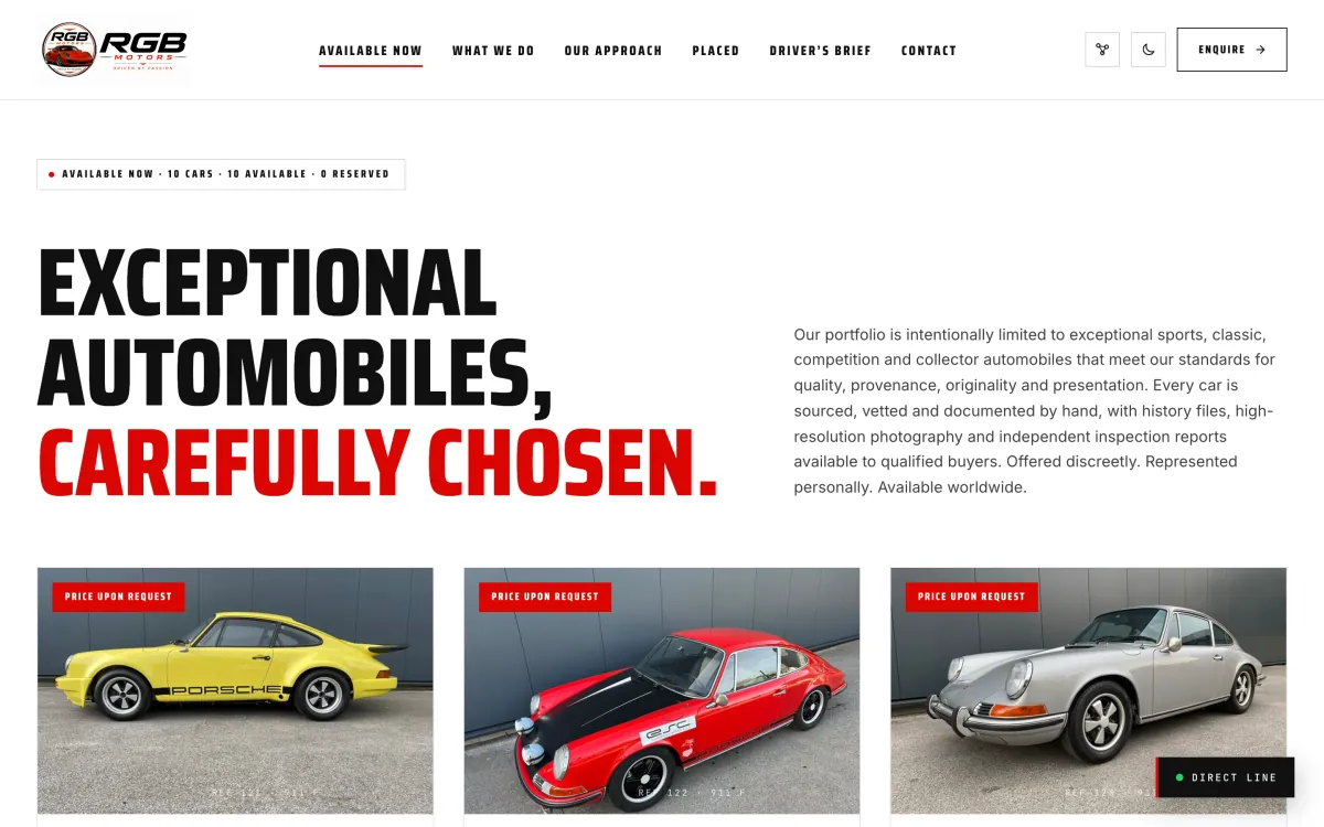 The Available Now inventory archive on rgbmotors.com, headlined Exceptional Automobiles, Carefully Chosen, with three Porsche listing cards carrying reference numbers.