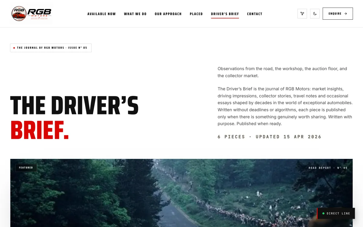 The Driver's Brief journal landing page on rgbmotors.com in the light theme.